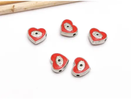 Margele de alama emailate inima 10x9x4mm rosu