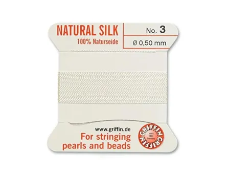 Fir matase naturala pentru insirat perle si margele nr 3 - 0.50mm alb (2metri)