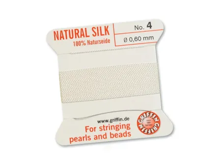 Fir matase naturala pentru insirat perle si margele nr 4 - 0.60mm alb (2metri)