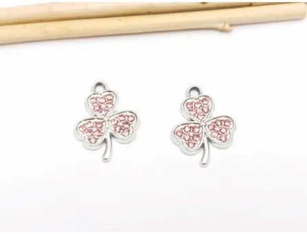 Charm argintiu trifoi cu pietricele 18.5x14mm roz