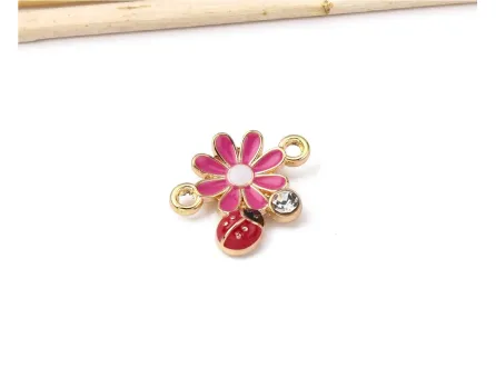 Link auriu floare cu buburuza 18x15.5mm roz