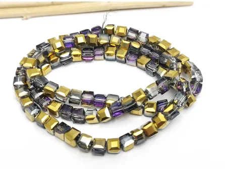 Margele cristal cub fatetat 4mm iris mov auriu metalic (sirag)