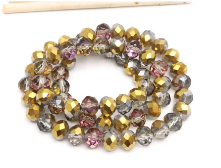 Margele cristal rondel fatetat 8x6mm iris mov auriu metalic (sirag)