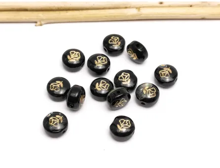 Margele de sticla lampwork cu gravura aurie in forma de trandafir 8x6mm negru