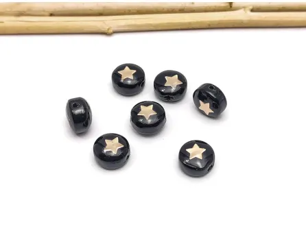 Margele de sticla lampwork cu gravura aurie in forma de stea 8x6mm negru