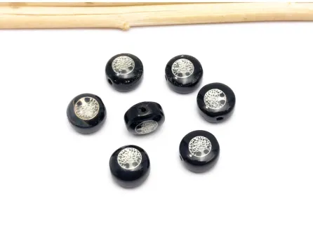 Margele de sticla lampwork cu gravura argintiu in forma de copacul vietii  8x6mm negru