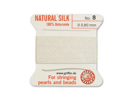Fir matase naturala pentru insirat perle si margele nr 8 - 0.80mm alb (2metri)