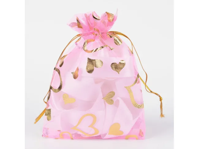 Saculet organza 12x9cm roz cu inima