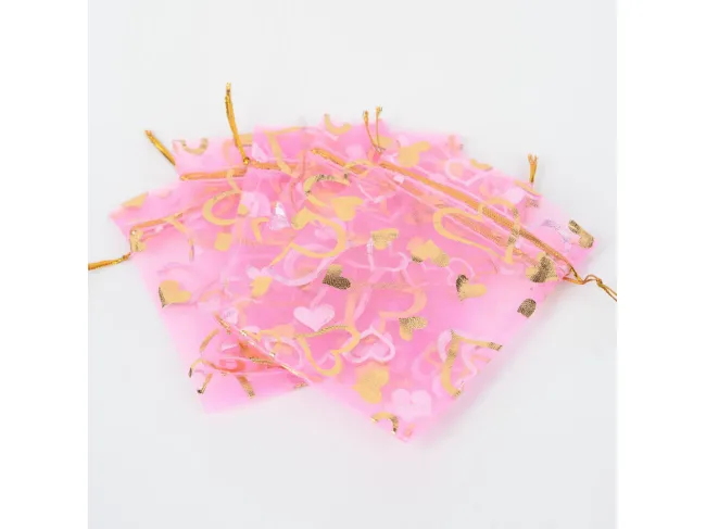 Saculet organza 12x9cm roz cu inima