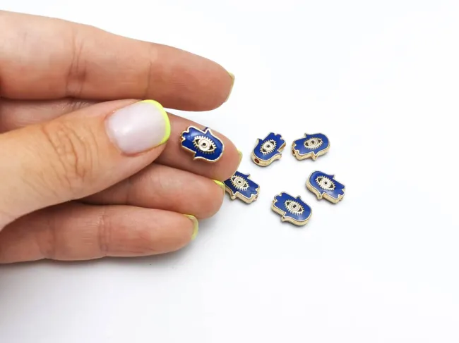 Margele de alama emailate mana hamsa 12x9.5x4mm albastru