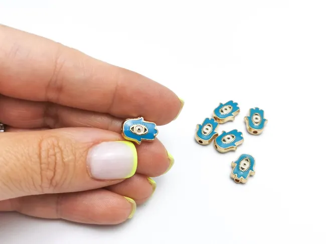 Margele de alama emailate mana hamsa 12x9.5x4mm turcoaz