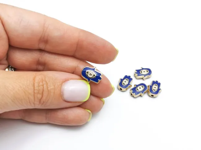 Margele de alama emailate mana hamsa 12x9.5x4mm blue