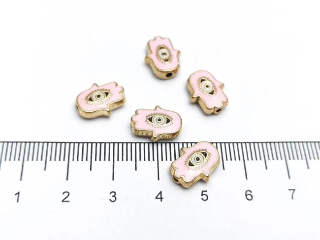 Margele de alama emailate mana hamsa 12x9.5x4mm roz