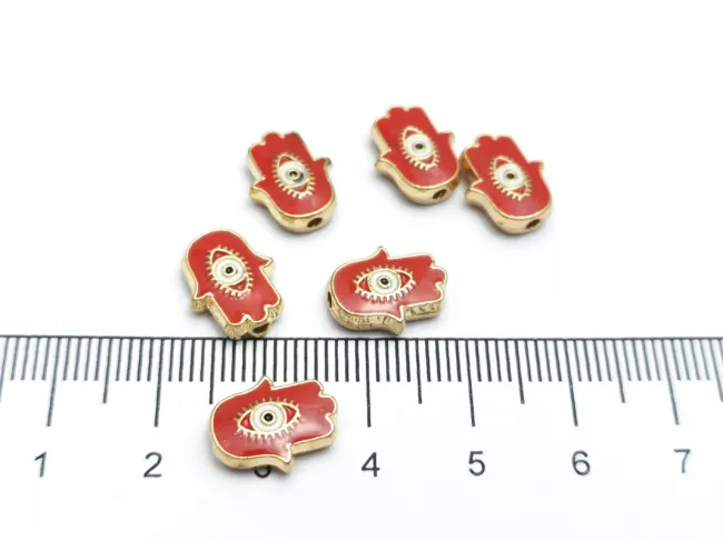 Margele de alama emailate mana hamsa 12x9.5x4mm rosu