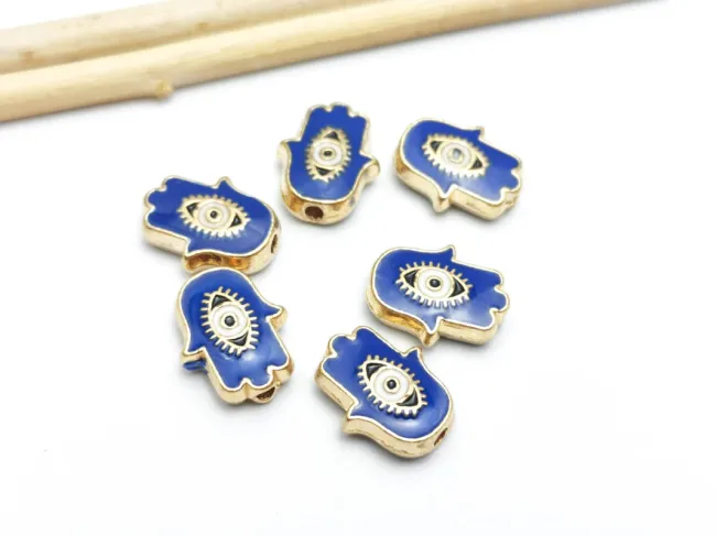 Margele de alama emailate mana hamsa 12x9.5x4mm albastru