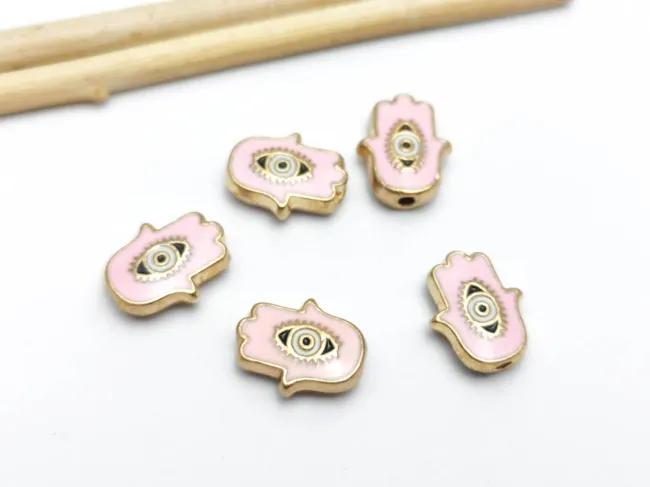Margele de alama emailate mana hamsa 12x9.5x4mm roz