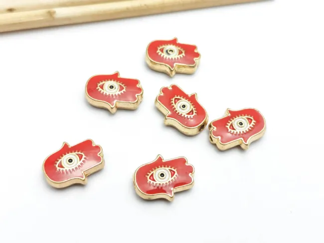 Margele de alama emailate mana hamsa 12x9.5x4mm rosu