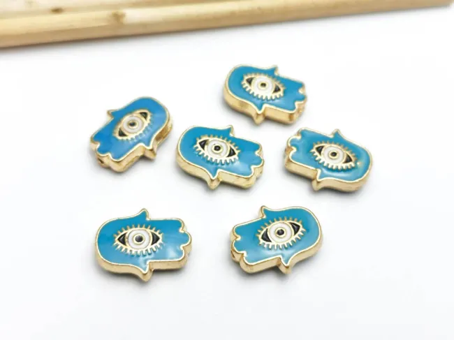Margele de alama emailate mana hamsa 12x9.5x4mm turcoaz