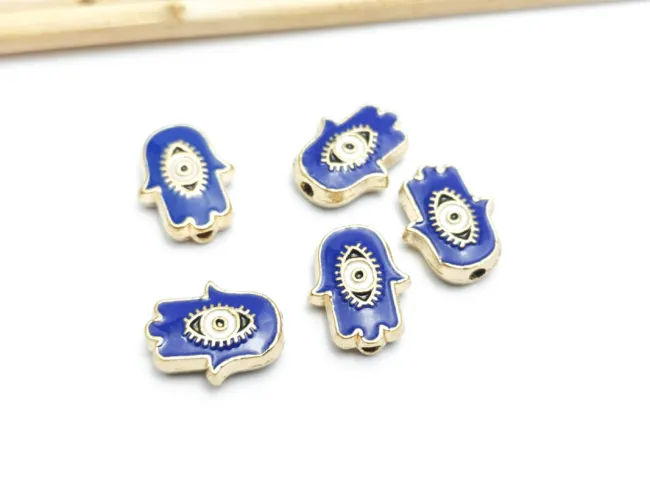 Margele de alama emailate mana hamsa 12x9.5x4mm blue