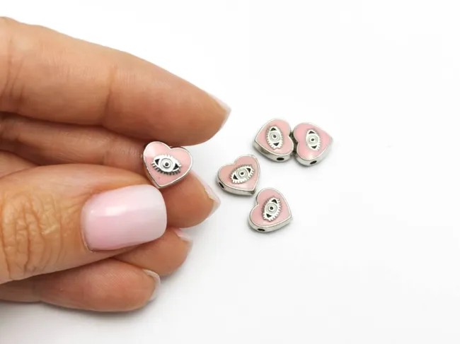 Margele de alama emailate inima 10x9x4mm roz