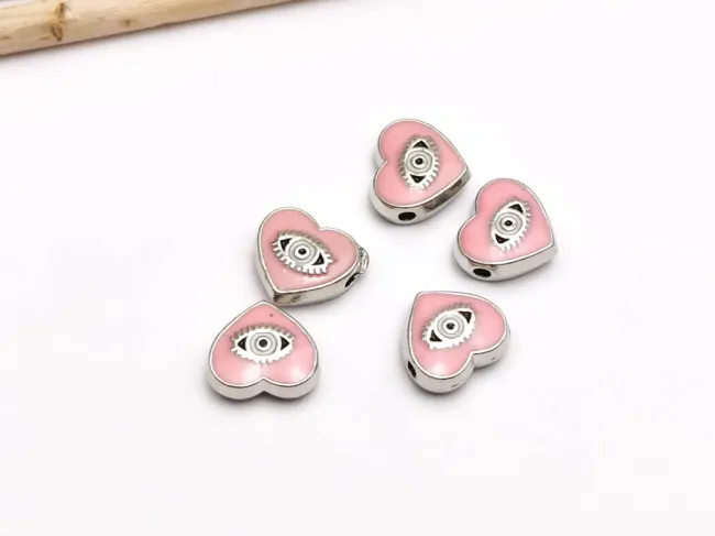 Margele de alama emailate inima 10x9x4mm roz
