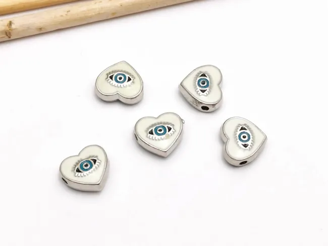 Margele de alama emailate inima 10x9x4mm alb