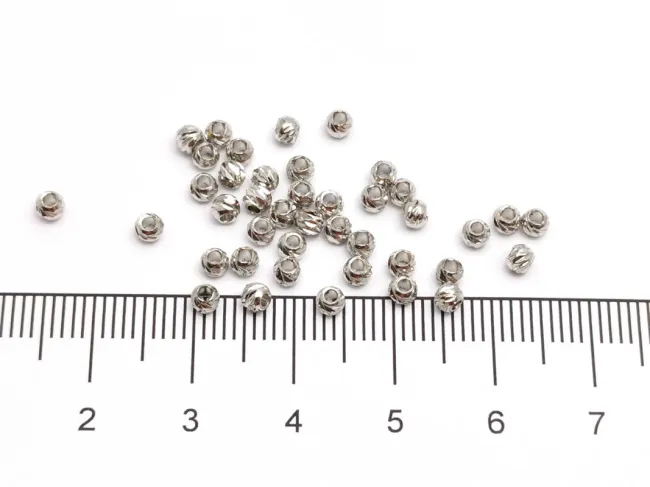 Margele de alama decorative cu striatii 3x2mm placate cu rodiu (10buc)