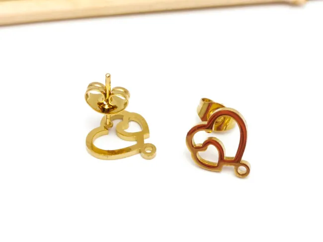 Tortite cercei otel inoxidabil 304 auriu cu opritor inima 10.5x9mm (2buc)
