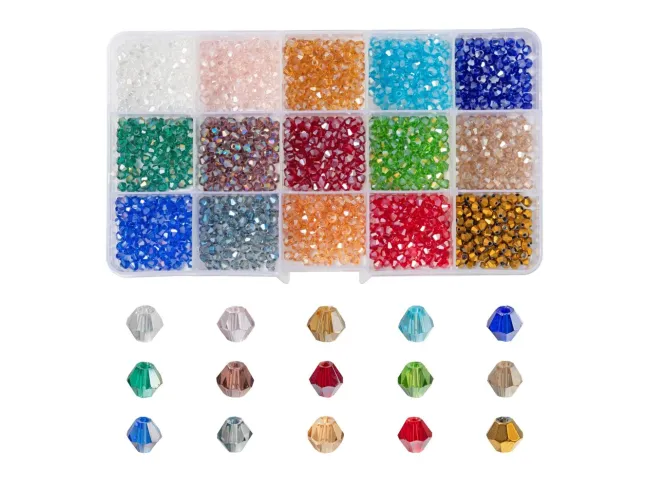 Selectie cristale biconice 4mm 1500 buc + cutie compartimentata
