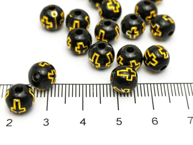 Margele acrilice rotunde cu cruce 8mm negru (20buc)