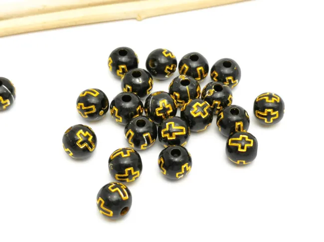 Margele acrilice rotunde cu cruce 8mm negru (20buc)