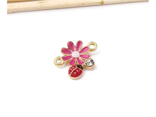 Link auriu floare cu buburuza 18x15.5mm roz