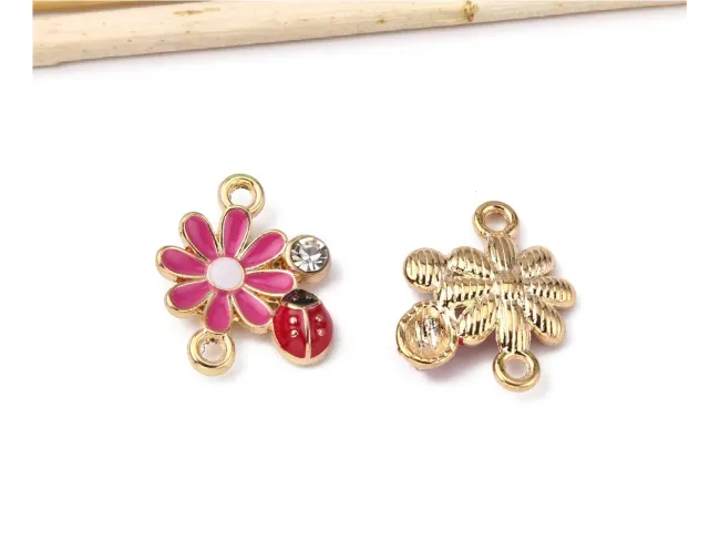 Link auriu floare cu buburuza 18x15.5mm roz