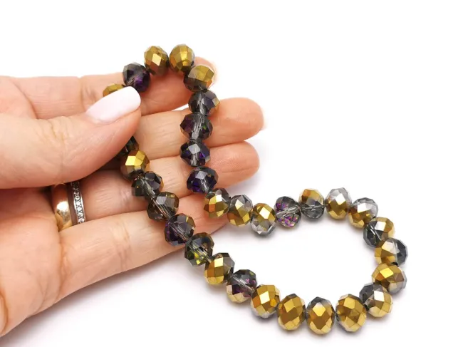 Margele cristal rondel fatetat 10x8mm gri mov auriu metalic (sirag)