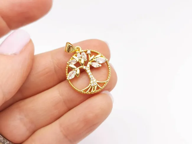 Charm copacul vietii din cubic zirconia 21.5x19mm auriu