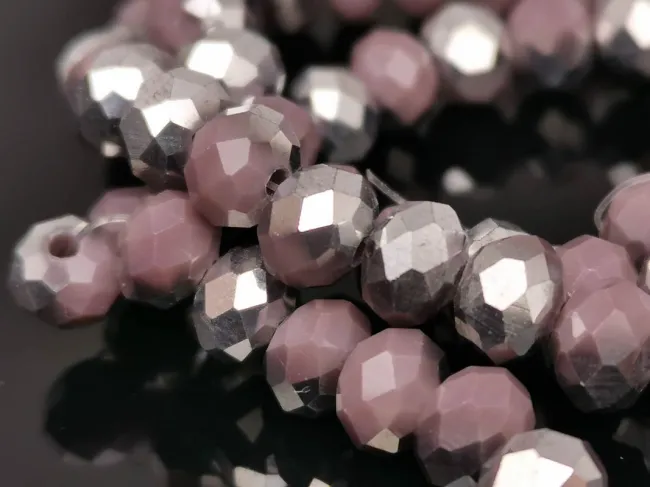 Margele cristal rondel fatetat 6x4mm mov opac cu argintiu (sirag)