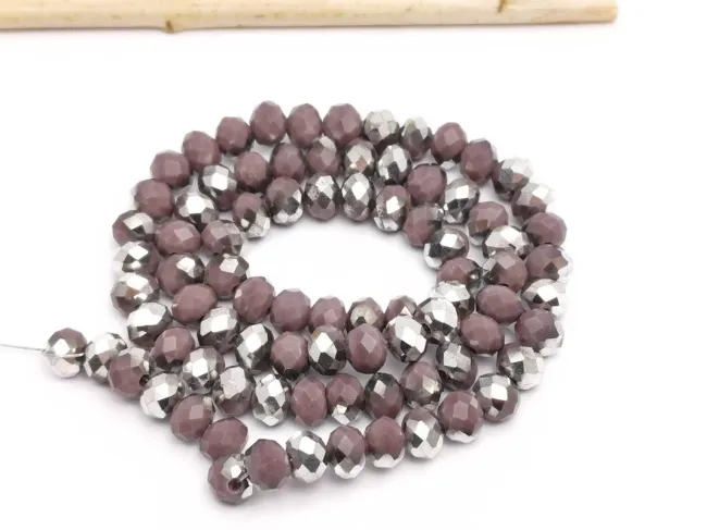 Margele cristal rondel fatetat 6x4mm mov opac cu argintiu (sirag)