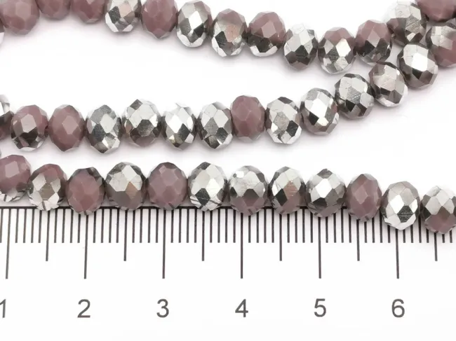 Margele cristal rondel fatetat 6x4mm mov opac cu argintiu (sirag)