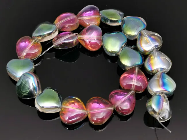 Margele sticla inima electroplacate 10mm iris roz verde (sirag)