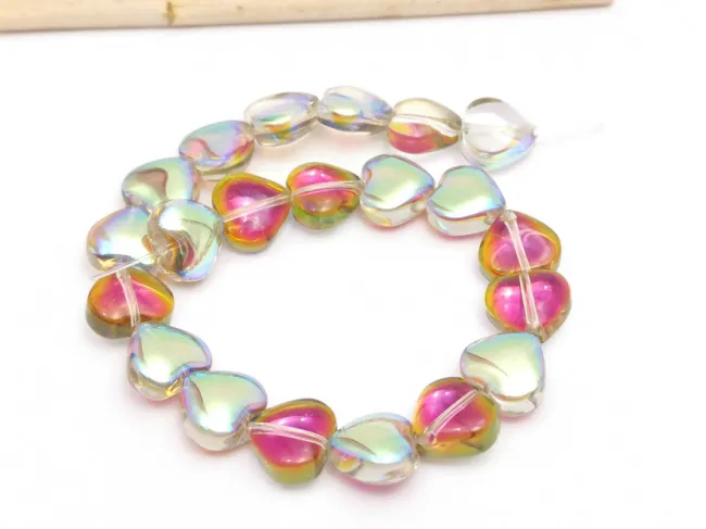 Margele sticla inima electroplacate 10mm roz lime metalic (sirag)
