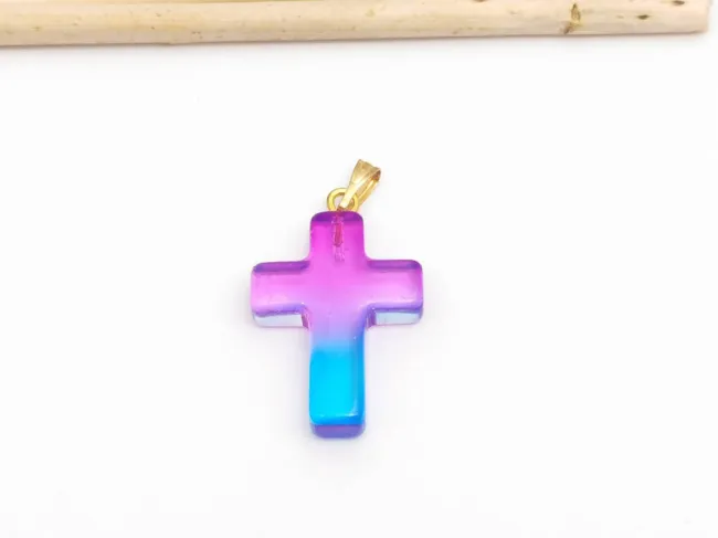Pandantiv sticla cruce 28.5x18mm roz albastru