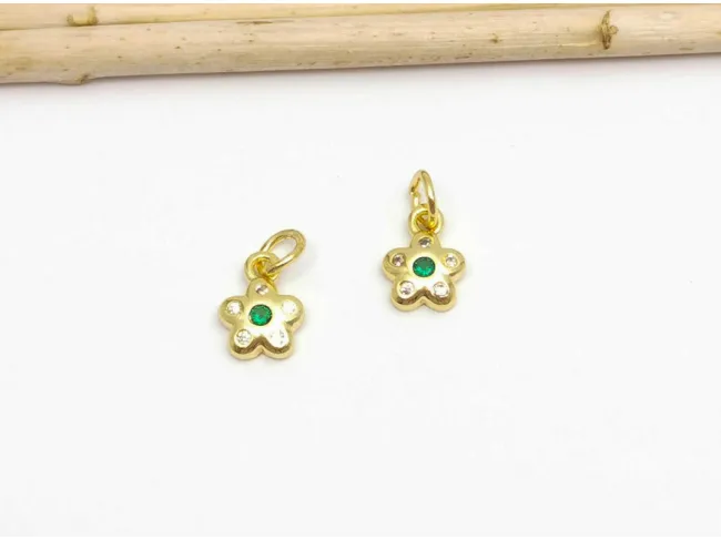 Charm floare din cubic zirconia auriu 9.5x7x2mm verde