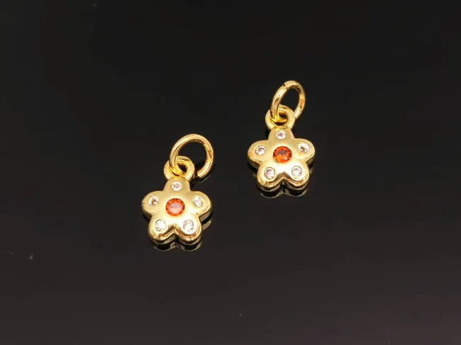 Charm floare din cubic zirconia auriu 9.5x7x2mm portocaliu
