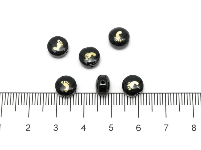Margele de sticla lampwork cu gravura aurie in forma de picioruse 8x6mm negru