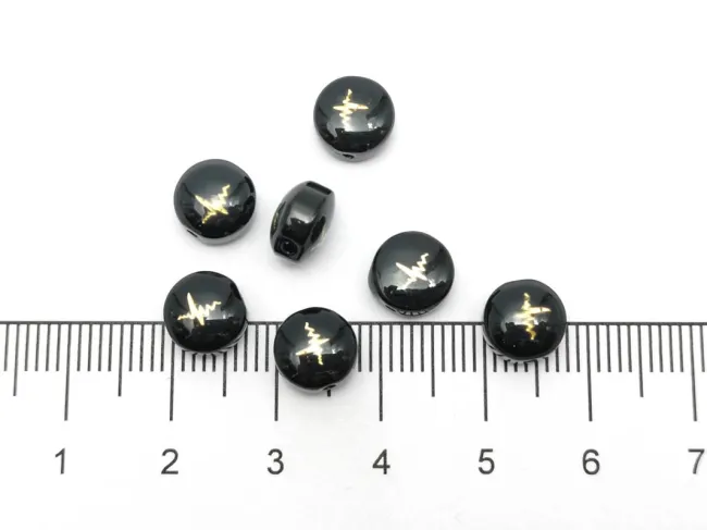 Margele de sticla lampwork cu gravura aurie in forma de batai de inima 8x6mm negru