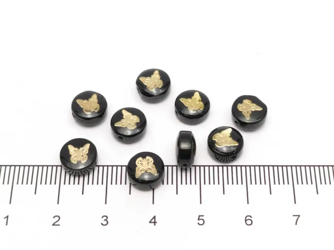 Margele de sticla lampwork cu gravura aurie in forma de fluture 8x6mm negru