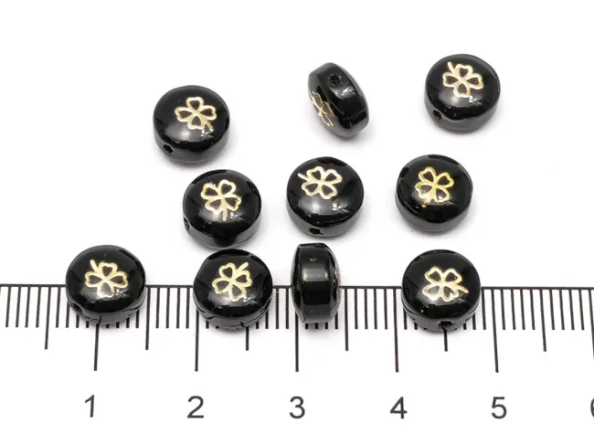 Margele de sticla lampwork cu gravura aurie in forma de trifoi 8x6mm negru