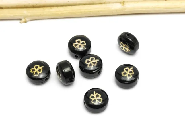 Margele de sticla lampwork cu gravura aurie in forma de trifoi 8x6mm negru