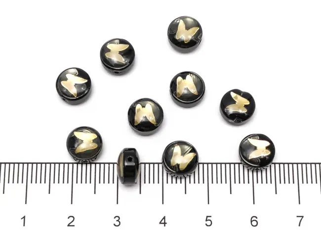 Margele de sticla lampwork cu gravura aurie in forma de fluture 8x6mm negru