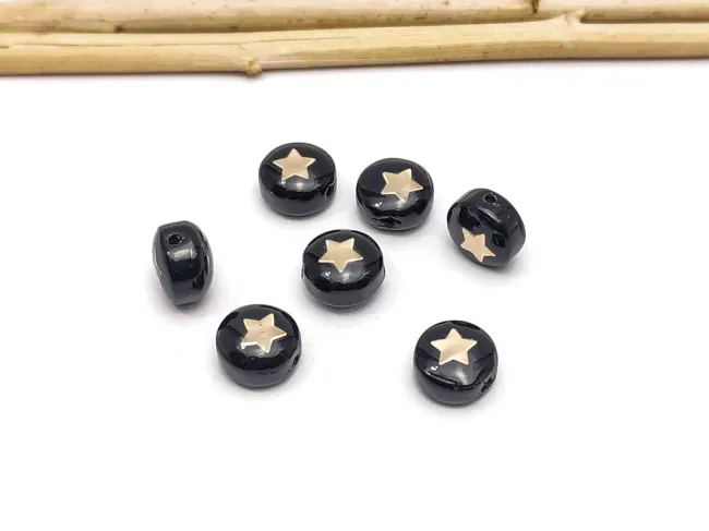 Margele de sticla lampwork cu gravura aurie in forma de stea 8x6mm negru